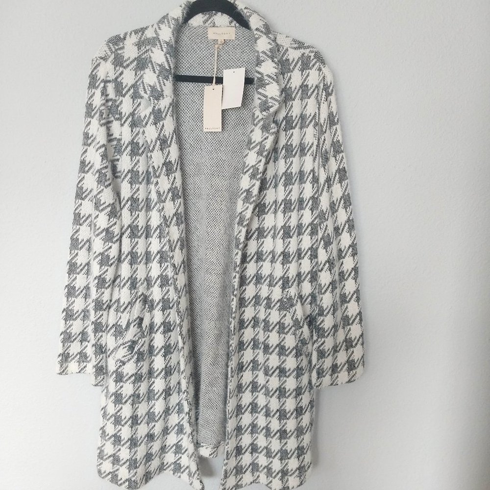 Melloday Gray and White Eyelash Knit Houndstooth Open Front Cardigan NWT